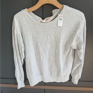 NWT LOFT Gray Knit Cotton Sweatshirt Top with Pink bow Tie Back • S